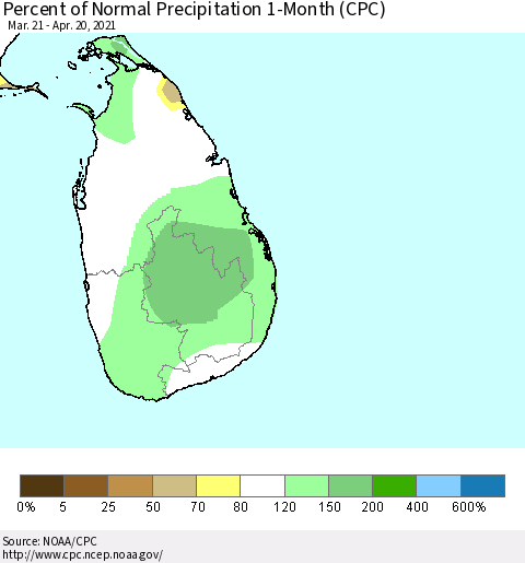 Sri Lanka Percent of Normal Precipitation 1-Month (CPC) Thematic Map For 3/21/2021 - 4/20/2021