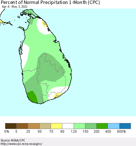 Sri Lanka Percent of Normal Precipitation 1-Month (CPC) Thematic Map For 4/6/2021 - 5/5/2021