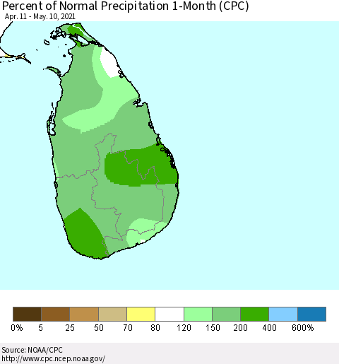 Sri Lanka Percent of Normal Precipitation 1-Month (CPC) Thematic Map For 4/11/2021 - 5/10/2021