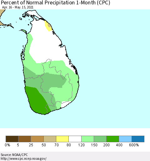 Sri Lanka Percent of Normal Precipitation 1-Month (CPC) Thematic Map For 4/16/2021 - 5/15/2021