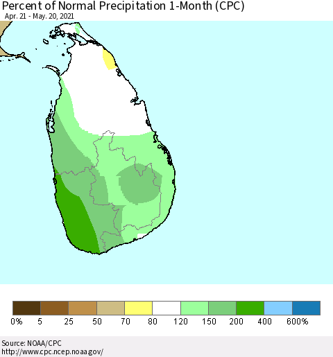 Sri Lanka Percent of Normal Precipitation 1-Month (CPC) Thematic Map For 4/21/2021 - 5/20/2021