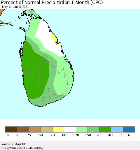 Sri Lanka Percent of Normal Precipitation 1-Month (CPC) Thematic Map For 5/6/2021 - 6/5/2021
