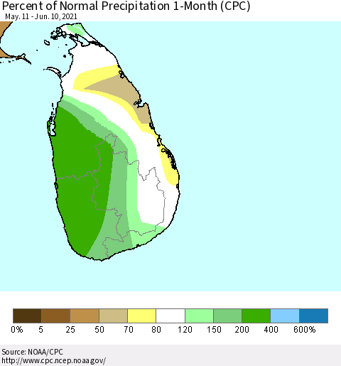 Sri Lanka Percent of Normal Precipitation 1-Month (CPC) Thematic Map For 5/11/2021 - 6/10/2021