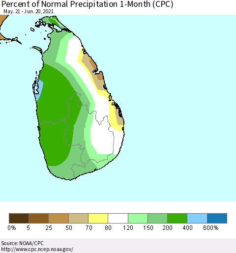 Sri Lanka Percent of Normal Precipitation 1-Month (CPC) Thematic Map For 5/21/2021 - 6/20/2021