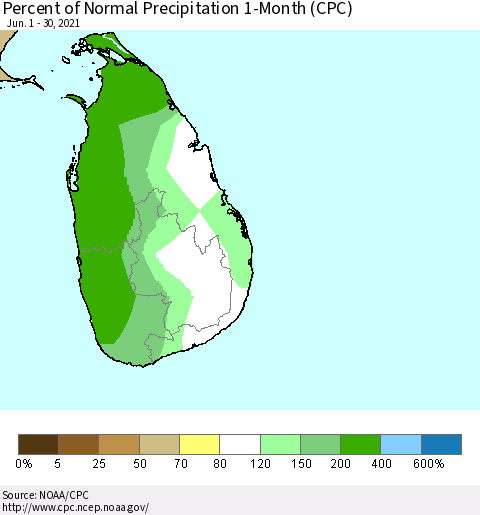 Sri Lanka Percent of Normal Precipitation 1-Month (CPC) Thematic Map For 6/1/2021 - 6/30/2021