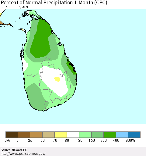 Sri Lanka Percent of Normal Precipitation 1-Month (CPC) Thematic Map For 6/6/2021 - 7/5/2021