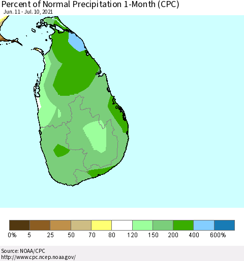 Sri Lanka Percent of Normal Precipitation 1-Month (CPC) Thematic Map For 6/11/2021 - 7/10/2021