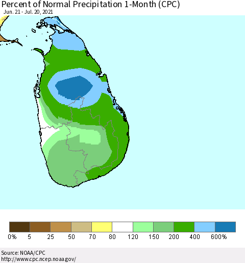 Sri Lanka Percent of Normal Precipitation 1-Month (CPC) Thematic Map For 6/21/2021 - 7/20/2021