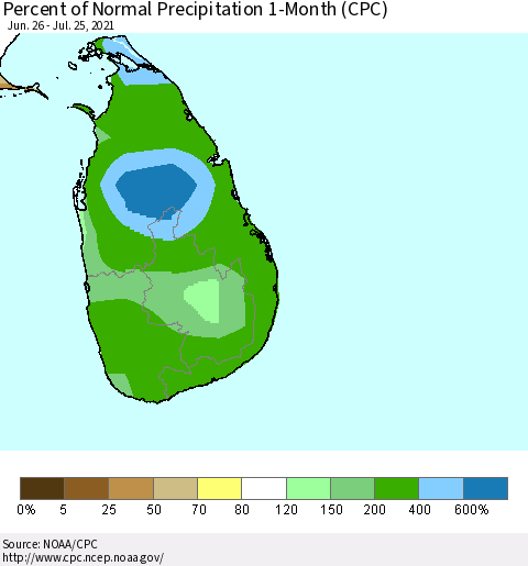 Sri Lanka Percent of Normal Precipitation 1-Month (CPC) Thematic Map For 6/26/2021 - 7/25/2021