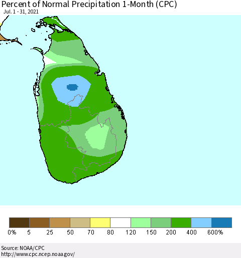Sri Lanka Percent of Normal Precipitation 1-Month (CPC) Thematic Map For 7/1/2021 - 7/31/2021