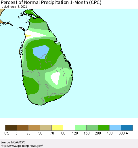 Sri Lanka Percent of Normal Precipitation 1-Month (CPC) Thematic Map For 7/6/2021 - 8/5/2021