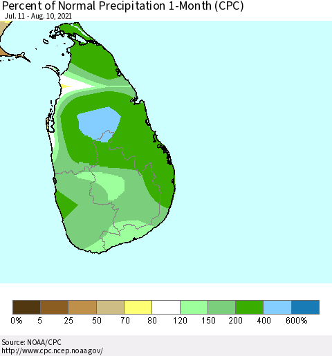 Sri Lanka Percent of Normal Precipitation 1-Month (CPC) Thematic Map For 7/11/2021 - 8/10/2021