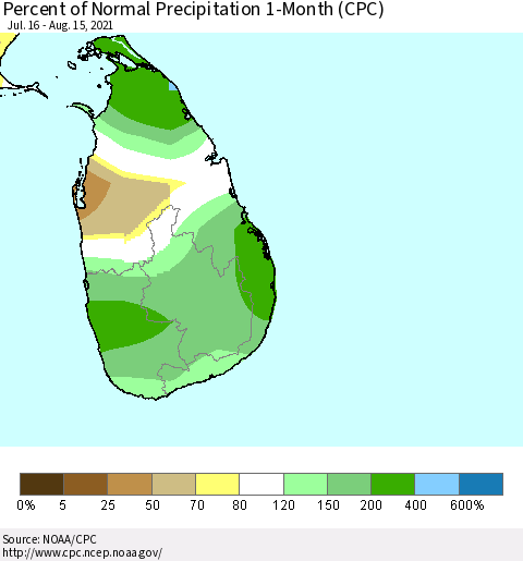 Sri Lanka Percent of Normal Precipitation 1-Month (CPC) Thematic Map For 7/16/2021 - 8/15/2021