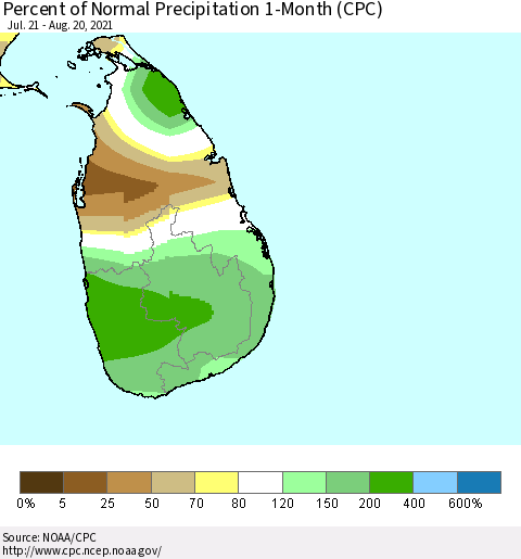Sri Lanka Percent of Normal Precipitation 1-Month (CPC) Thematic Map For 7/21/2021 - 8/20/2021