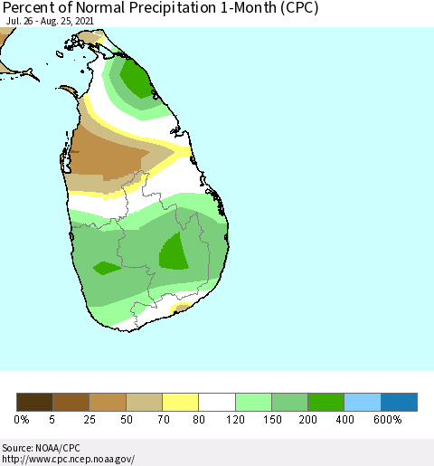 Sri Lanka Percent of Normal Precipitation 1-Month (CPC) Thematic Map For 7/26/2021 - 8/25/2021