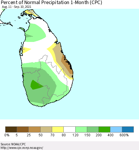 Sri Lanka Percent of Normal Precipitation 1-Month (CPC) Thematic Map For 8/11/2021 - 9/10/2021