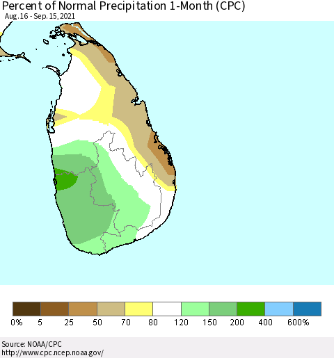 Sri Lanka Percent of Normal Precipitation 1-Month (CPC) Thematic Map For 8/16/2021 - 9/15/2021