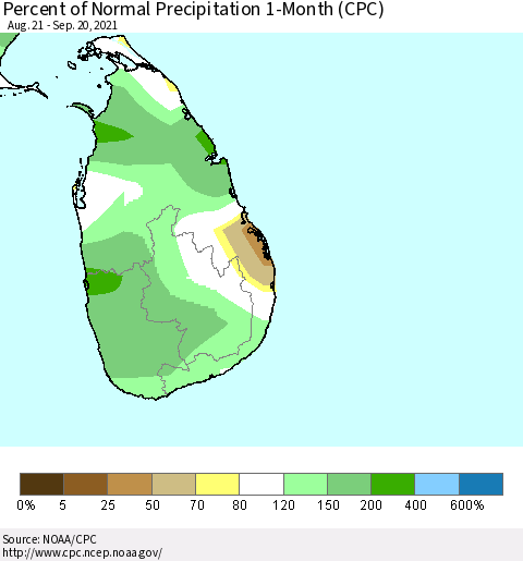 Sri Lanka Percent of Normal Precipitation 1-Month (CPC) Thematic Map For 8/21/2021 - 9/20/2021
