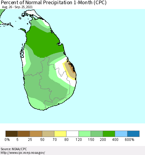 Sri Lanka Percent of Normal Precipitation 1-Month (CPC) Thematic Map For 8/26/2021 - 9/25/2021