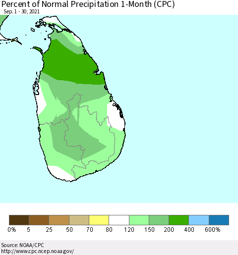 Sri Lanka Percent of Normal Precipitation 1-Month (CPC) Thematic Map For 9/1/2021 - 9/30/2021