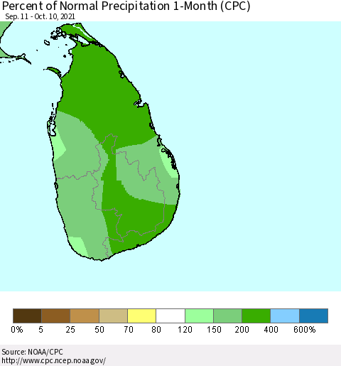 Sri Lanka Percent of Normal Precipitation 1-Month (CPC) Thematic Map For 9/11/2021 - 10/10/2021