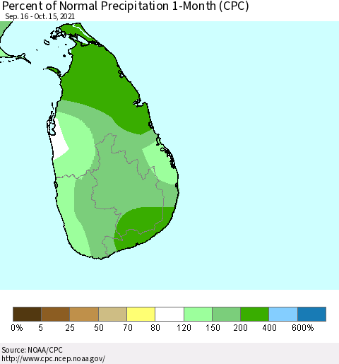 Sri Lanka Percent of Normal Precipitation 1-Month (CPC) Thematic Map For 9/16/2021 - 10/15/2021
