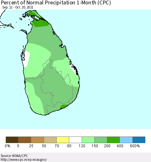 Sri Lanka Percent of Normal Precipitation 1-Month (CPC) Thematic Map For 9/21/2021 - 10/20/2021