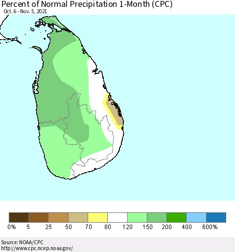 Sri Lanka Percent of Normal Precipitation 1-Month (CPC) Thematic Map For 10/6/2021 - 11/5/2021