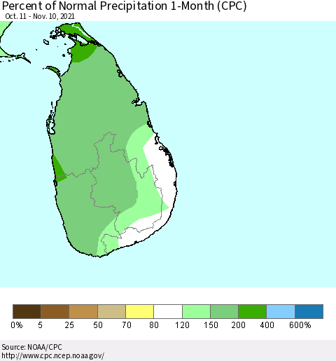 Sri Lanka Percent of Normal Precipitation 1-Month (CPC) Thematic Map For 10/11/2021 - 11/10/2021