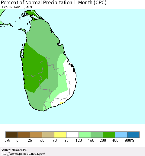 Sri Lanka Percent of Normal Precipitation 1-Month (CPC) Thematic Map For 10/16/2021 - 11/15/2021