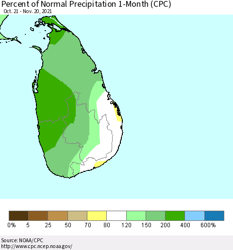 Sri Lanka Percent of Normal Precipitation 1-Month (CPC) Thematic Map For 10/21/2021 - 11/20/2021