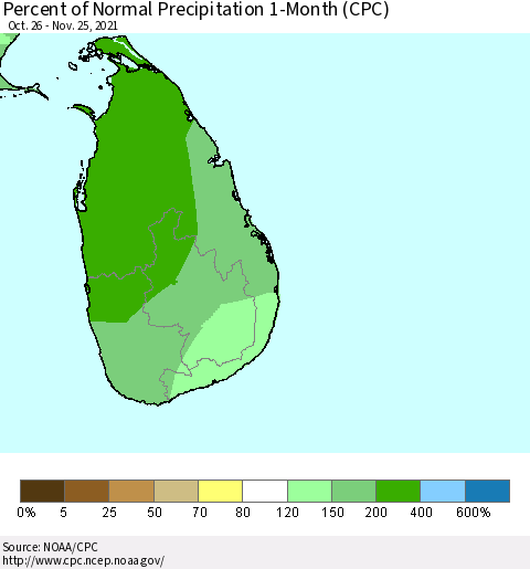 Sri Lanka Percent of Normal Precipitation 1-Month (CPC) Thematic Map For 10/26/2021 - 11/25/2021