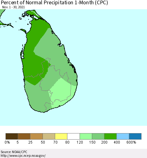 Sri Lanka Percent of Normal Precipitation 1-Month (CPC) Thematic Map For 11/1/2021 - 11/30/2021