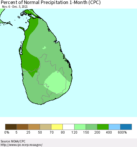 Sri Lanka Percent of Normal Precipitation 1-Month (CPC) Thematic Map For 11/6/2021 - 12/5/2021