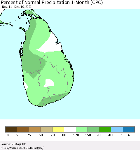 Sri Lanka Percent of Normal Precipitation 1-Month (CPC) Thematic Map For 11/11/2021 - 12/10/2021