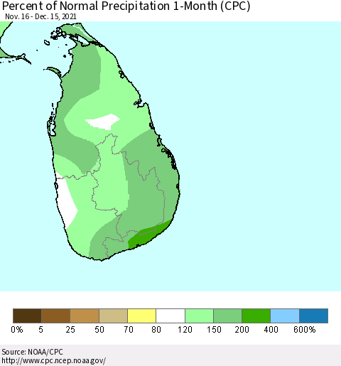 Sri Lanka Percent of Normal Precipitation 1-Month (CPC) Thematic Map For 11/16/2021 - 12/15/2021