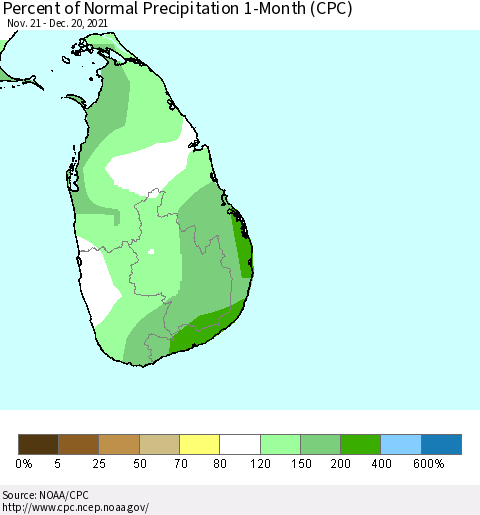 Sri Lanka Percent of Normal Precipitation 1-Month (CPC) Thematic Map For 11/21/2021 - 12/20/2021