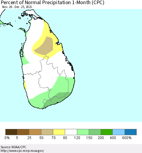 Sri Lanka Percent of Normal Precipitation 1-Month (CPC) Thematic Map For 11/26/2021 - 12/25/2021