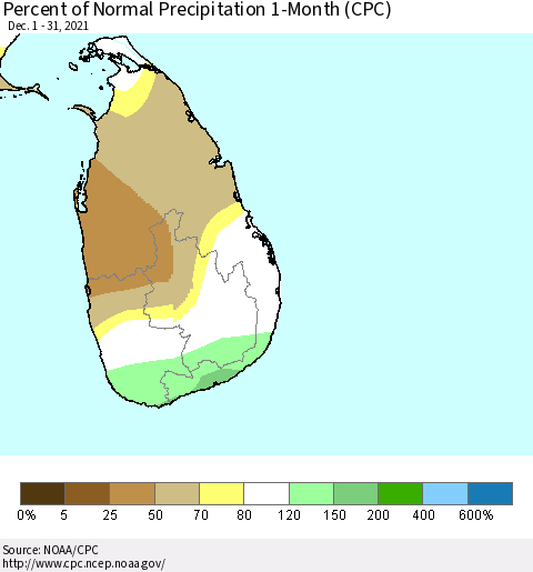Sri Lanka Percent of Normal Precipitation 1-Month (CPC) Thematic Map For 12/1/2021 - 12/31/2021