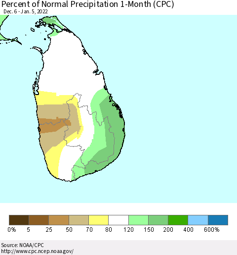 Sri Lanka Percent of Normal Precipitation 1-Month (CPC) Thematic Map For 12/6/2021 - 1/5/2022