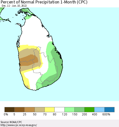 Sri Lanka Percent of Normal Precipitation 1-Month (CPC) Thematic Map For 12/11/2021 - 1/10/2022