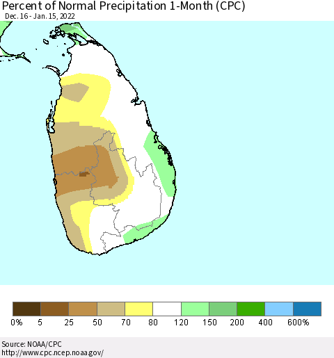 Sri Lanka Percent of Normal Precipitation 1-Month (CPC) Thematic Map For 12/16/2021 - 1/15/2022