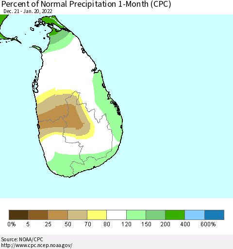 Sri Lanka Percent of Normal Precipitation 1-Month (CPC) Thematic Map For 12/21/2021 - 1/20/2022