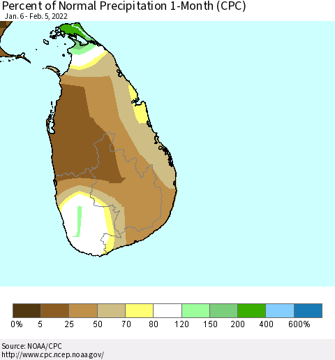 Sri Lanka Percent of Normal Precipitation 1-Month (CPC) Thematic Map For 1/6/2022 - 2/5/2022