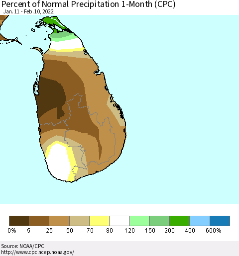 Sri Lanka Percent of Normal Precipitation 1-Month (CPC) Thematic Map For 1/11/2022 - 2/10/2022
