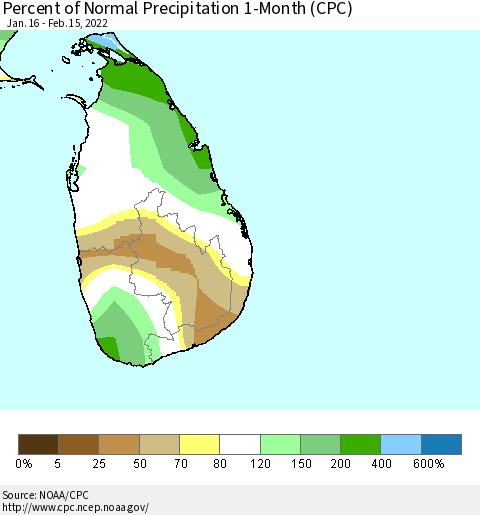 Sri Lanka Percent of Normal Precipitation 1-Month (CPC) Thematic Map For 1/16/2022 - 2/15/2022