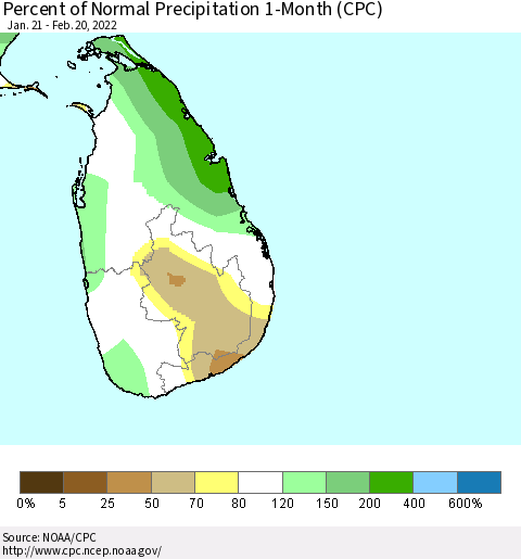 Sri Lanka Percent of Normal Precipitation 1-Month (CPC) Thematic Map For 1/21/2022 - 2/20/2022