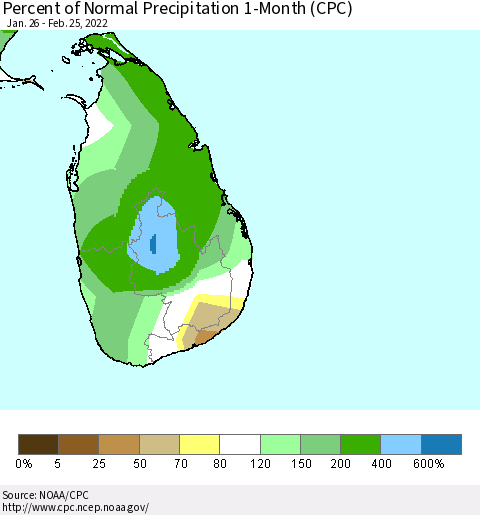 Sri Lanka Percent of Normal Precipitation 1-Month (CPC) Thematic Map For 1/26/2022 - 2/25/2022