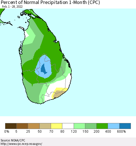 Sri Lanka Percent of Normal Precipitation 1-Month (CPC) Thematic Map For 2/1/2022 - 2/28/2022
