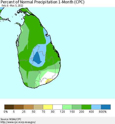 Sri Lanka Percent of Normal Precipitation 1-Month (CPC) Thematic Map For 2/6/2022 - 3/5/2022